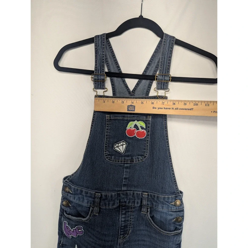 Justice Girls Dark Wash Patchwork Denim Overalls Size 14 Slim Leg Dungarees
